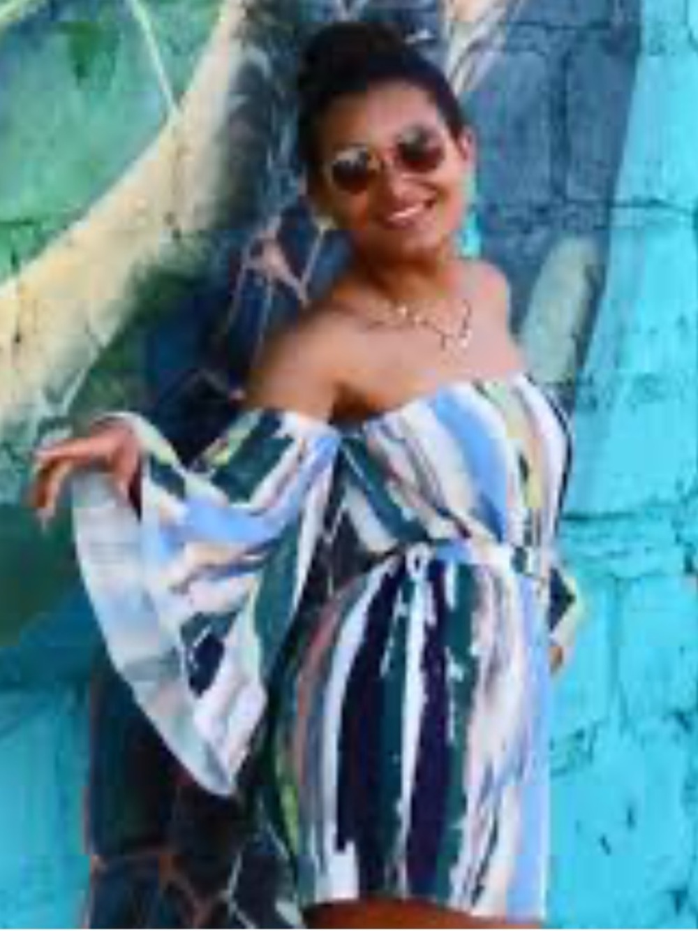 MISGUIDED VERTICAL BRUSHED STROKES STRIPED OFF SHOULDER FLARE SLEEVE ROMPER SZ 8